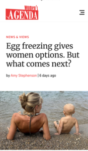Woman and baby sitting by the water, featured in a Women's Agenda article about what happens after egg freezing. 